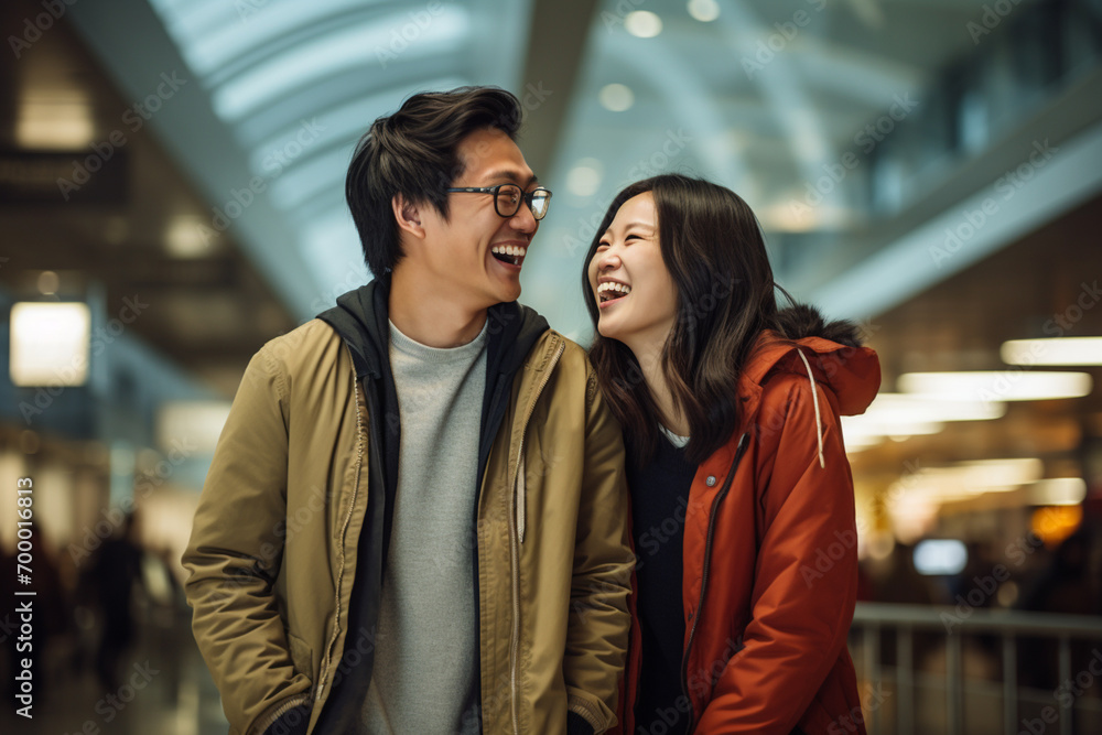 happy asian couple in the airport bokeh style background