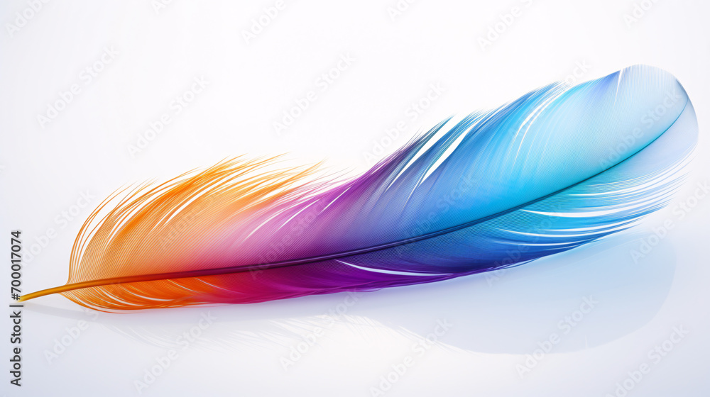 Close up of a single brightly colored feather isolated on a single color background Close up of a single brightly colored feather isolated on a single color background