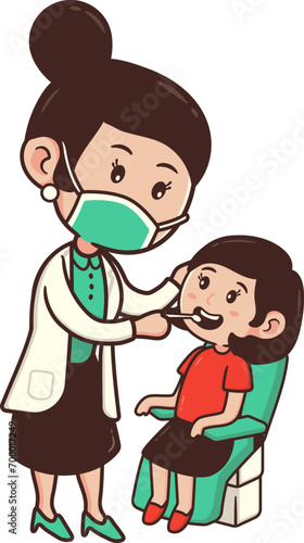 Clip Art Female Dentist Character in White Coat Examining Cute Kids Patient