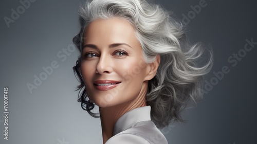 Confident mature woman with gray hair and professional makeup. Beauty and elegance.