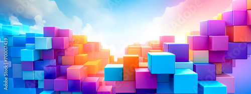 vibrant array of 3D blocks in varying shades of blue, purple, and orange, reminiscent of a Tetris game, set against a dynamic sky with light clouds, providing ample copy space