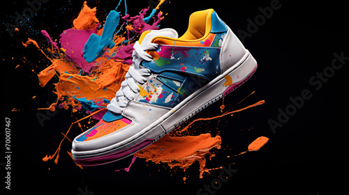 Single generic colored sports shoe in an artistic color splash  photo