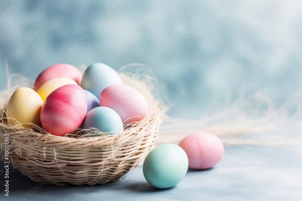 Multi pastel colors easter eggs in the woven basket Multi pastel colors easter eggs in the woven basket