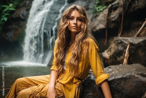 young woman wearing in yellow dress posing near jungle waterfall
