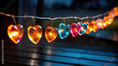 Illuminated glowing heart-shaped lights garland string. Generative AI