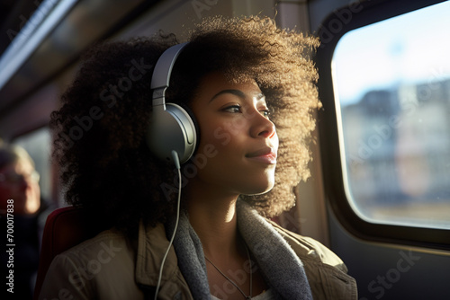 african american woman passenger wearing headphones on the train bokeh style background © toonsteb