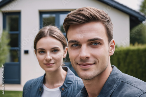 young french couple standing in front of modern detached french house, eco-friendly house, eco house, france, blurred female in background, buying new house, real estate, mortgage loan photo