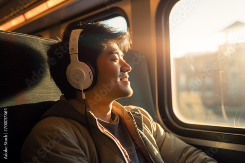 asian male passenger wearing headphones on the train bokeh style background photo