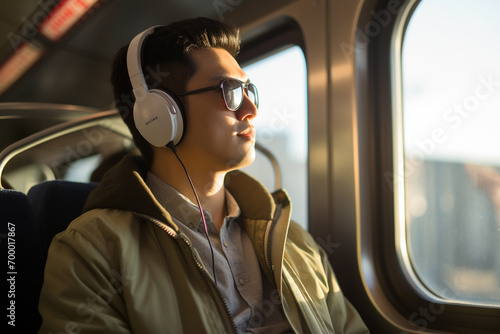 asian male passenger wearing headphones on the train bokeh style background