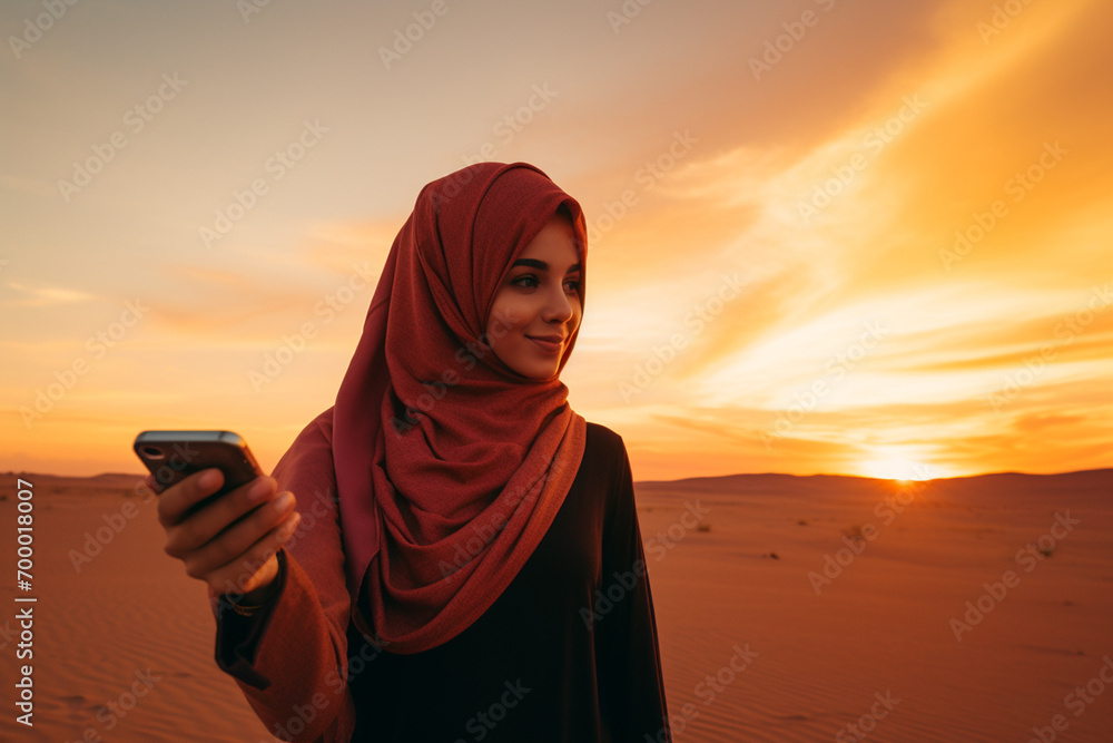 muslim woman holding smartphone at sahara desert muslim woman holding smartphone at sahara desert
