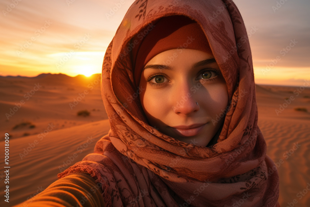 muslim woman selfie at sahara desert muslim woman selfie at sahara desert