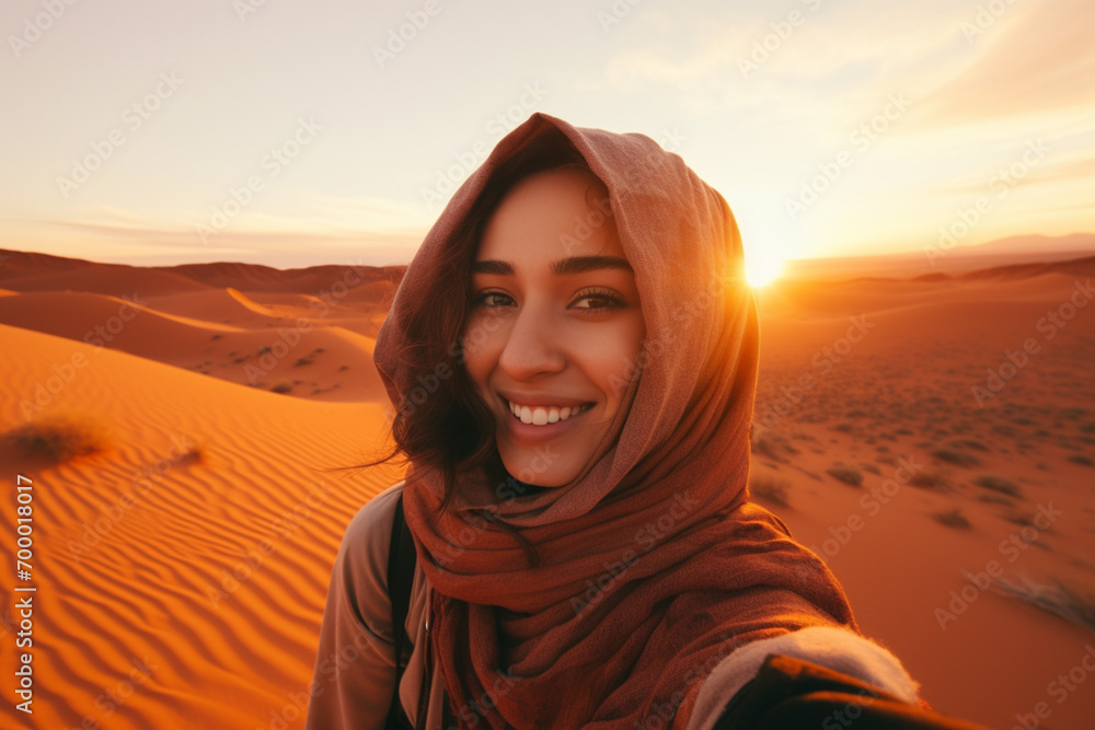 a woman selfie at sahara desert a woman selfie at sahara desert
