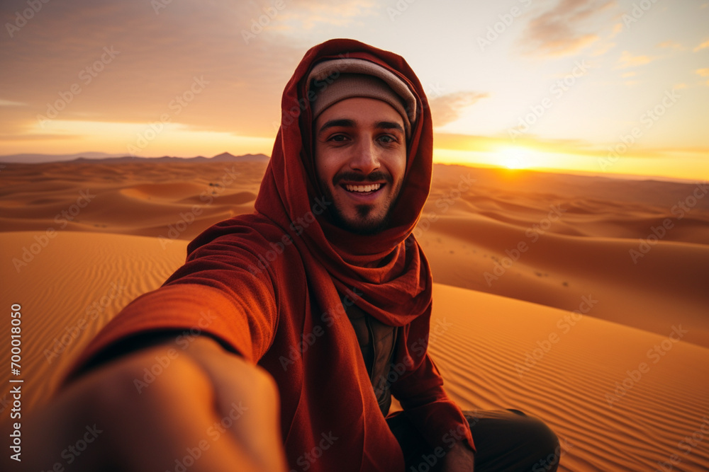 arabian man selfie at sahara desert arabian man selfie at sahara desert