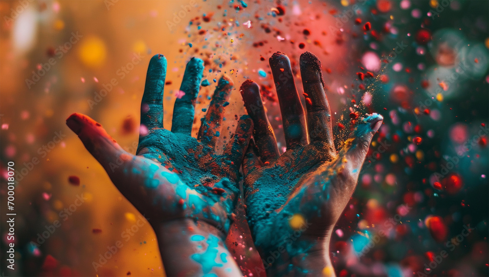 Hands covered in colored paint. Holi festival. India.