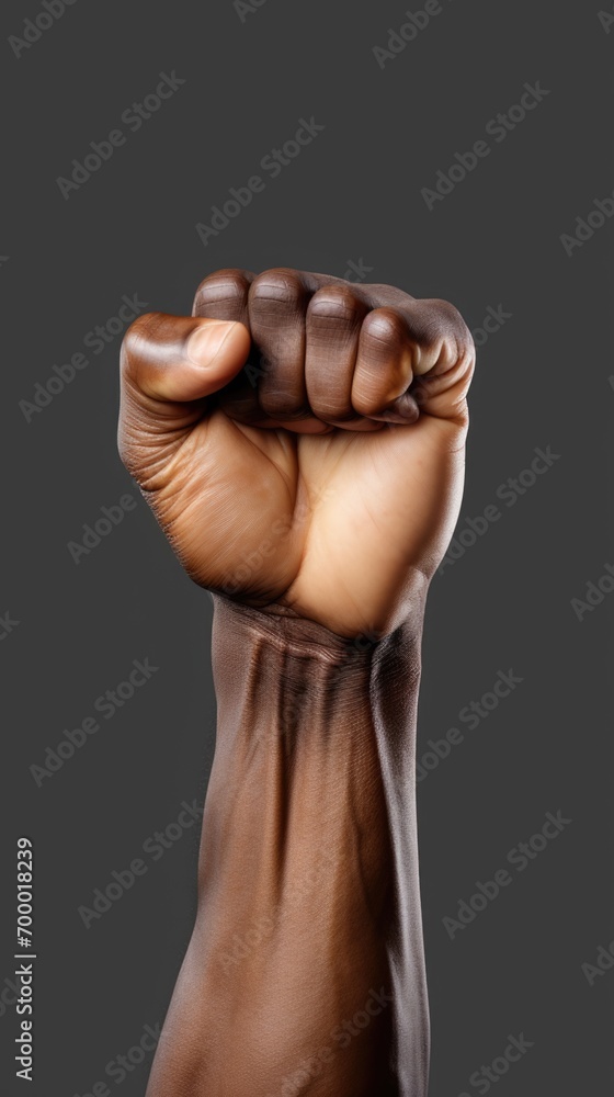 The raised fist of a black male hand is isolated against a dark grey background. Generative ai The raised fist of a black male hand is isolated against a dark grey background. Generative ai