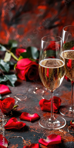 Valentine's day background with glasses of champagne and roses