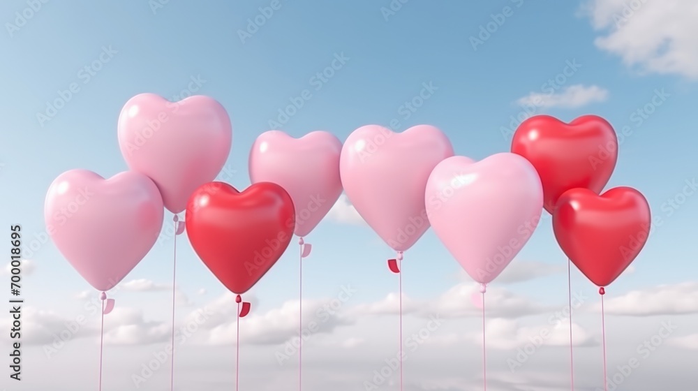 Heart-shaped helium balloons float against the sky. Generative ai