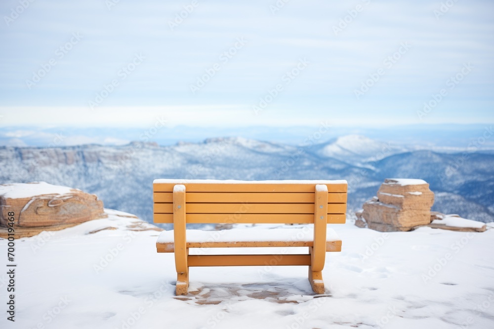 isolated bench on snowy mountain vista isolated bench on snowy mountain vista