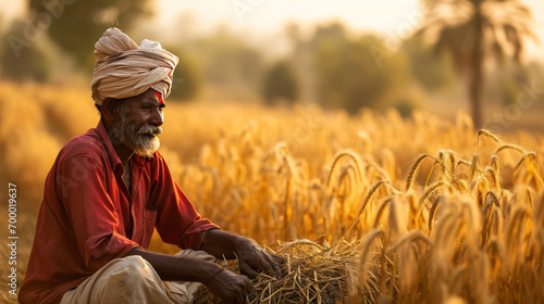 Indian farmer in a wheat field