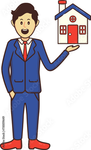Real Estate Investment Handdrawn, Male Property Seller Character Standing Offering Home Listing