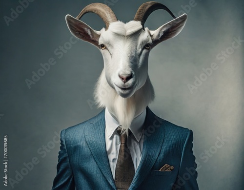 Anthropomorphic white male goat dressed in a business suit in the style of corporate photography over grey background