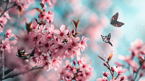 Spring banner, branches of blossoming cherry against background of blue sky and butterflies on nature outdoors. Pink sakura flowers, dreamy romantic image spring. Made with generative ai #700019840
