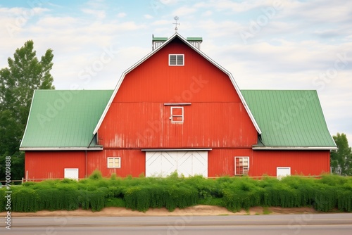 red barn with contrasting green foliage