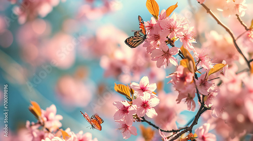 Spring banner, branches of blossoming cherry against background of blue sky and butterflies on nature outdoors. Pink sakura flowers, dreamy romantic image spring. Made with generative ai © ferid