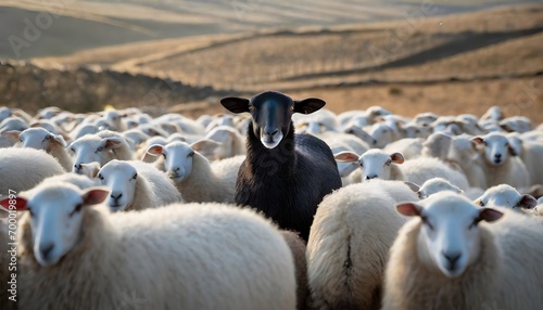 A black sheep among a flock of white sheep