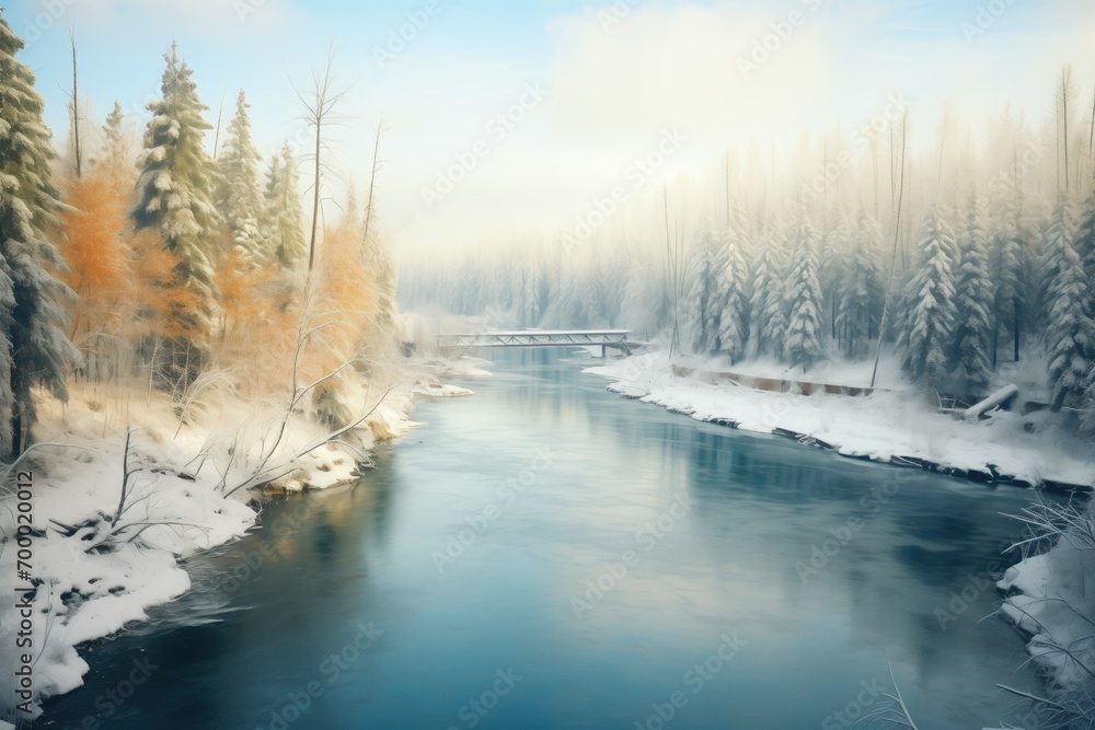 icy river bend with forested shoreline