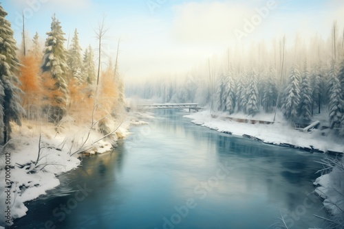 icy river bend with forested shoreline © Natalia