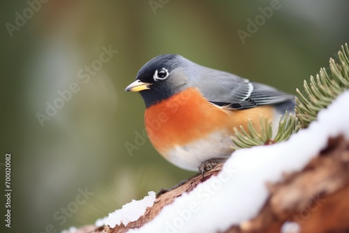 robin tilting head on a snow-touched spruce spine