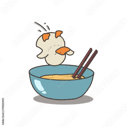 Illustration of A Duck Diving into A Bowl of Dough