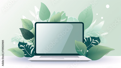 Graphic of a Laptop in green vegetation  representing eco friendliness in build materials as well as performance 