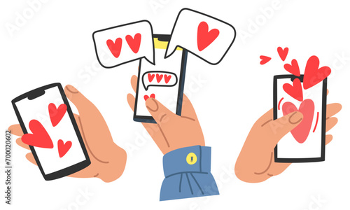 A set with the hands of a man and a phone with correspondence of lovers with hearts. Isolated vector flat illustration for Valentine's Day. Collection declaration of love on the phone
