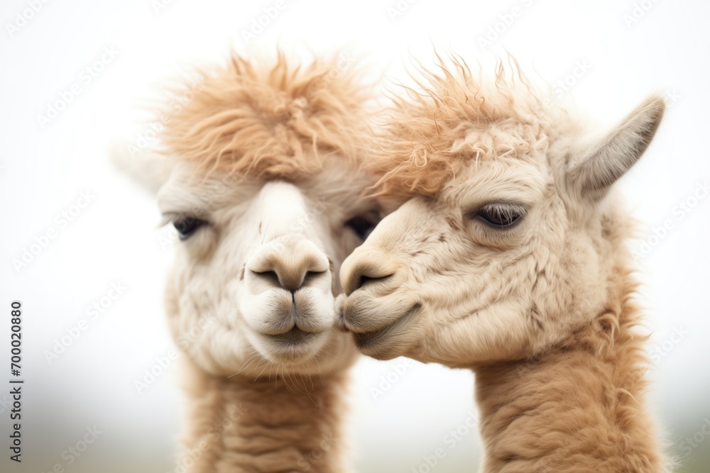 two alpacas nuzzling heads, eyes closed in comfort