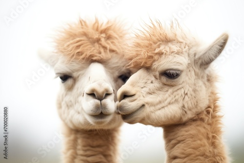 two alpacas nuzzling heads, eyes closed in comfort © Natalia