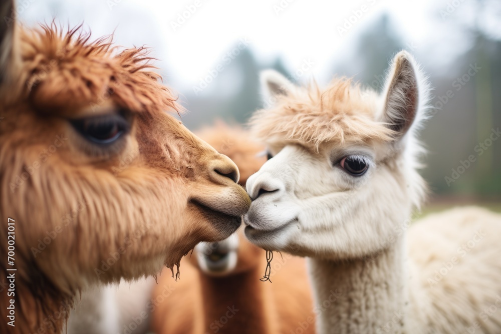 several alpacas touching noses in a bonding moment
