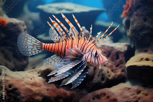 lionfish with extended pectoral fins among rocks photo