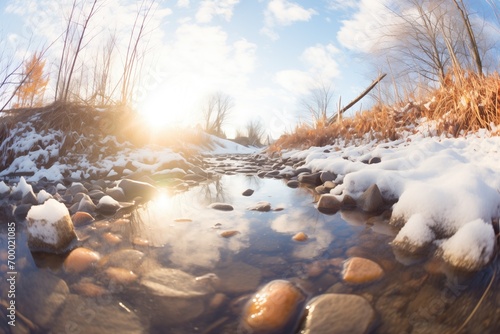 sunlight reflecting on a partially icy brook photo