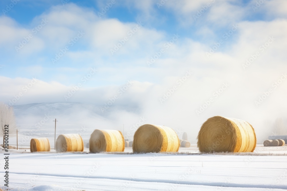 hay bales dusted with snow, steam rising