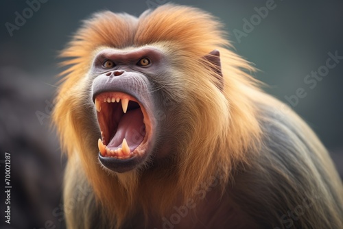baboon with striking teeth yawning widely