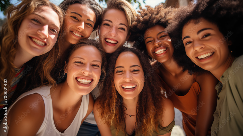 Diverse group of happy friends taking a selfie together, smiling at the camera, close-up.