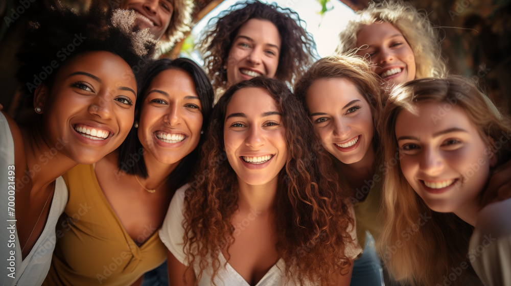 Diverse group of happy friends taking a selfie together, smiling at the camera, close-up. Diverse group of happy friends taking a selfie together, smiling at the camera, close-up.