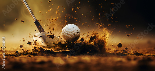 Golf club expertly launching a ball from the dirt. photo