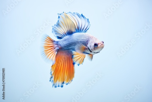 betta fish with vibrant blue scales flaring gills in a clear tank © Natalia