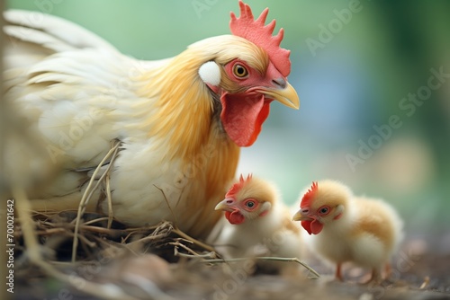 mother hen teaching chicks to peck at food