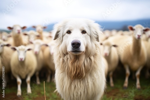 maremma sheepdog standing amidst a flock of sheep