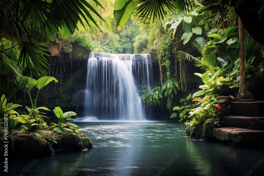 Exotic greenery framing a serene waterfall in the heart of a tropical paradise, Generative AI Exotic greenery framing a serene waterfall in the heart of a tropical paradise, Generative AI