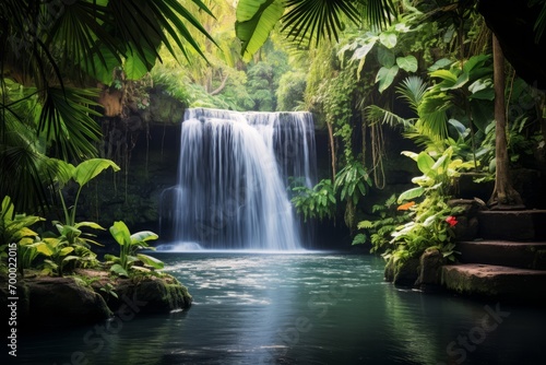 Exotic greenery framing a serene waterfall in the heart of a tropical paradise  Generative AI
